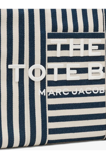 Marc Jacobs women’s large navy and white striped canvas tote bag with bold white 3D lettering on front