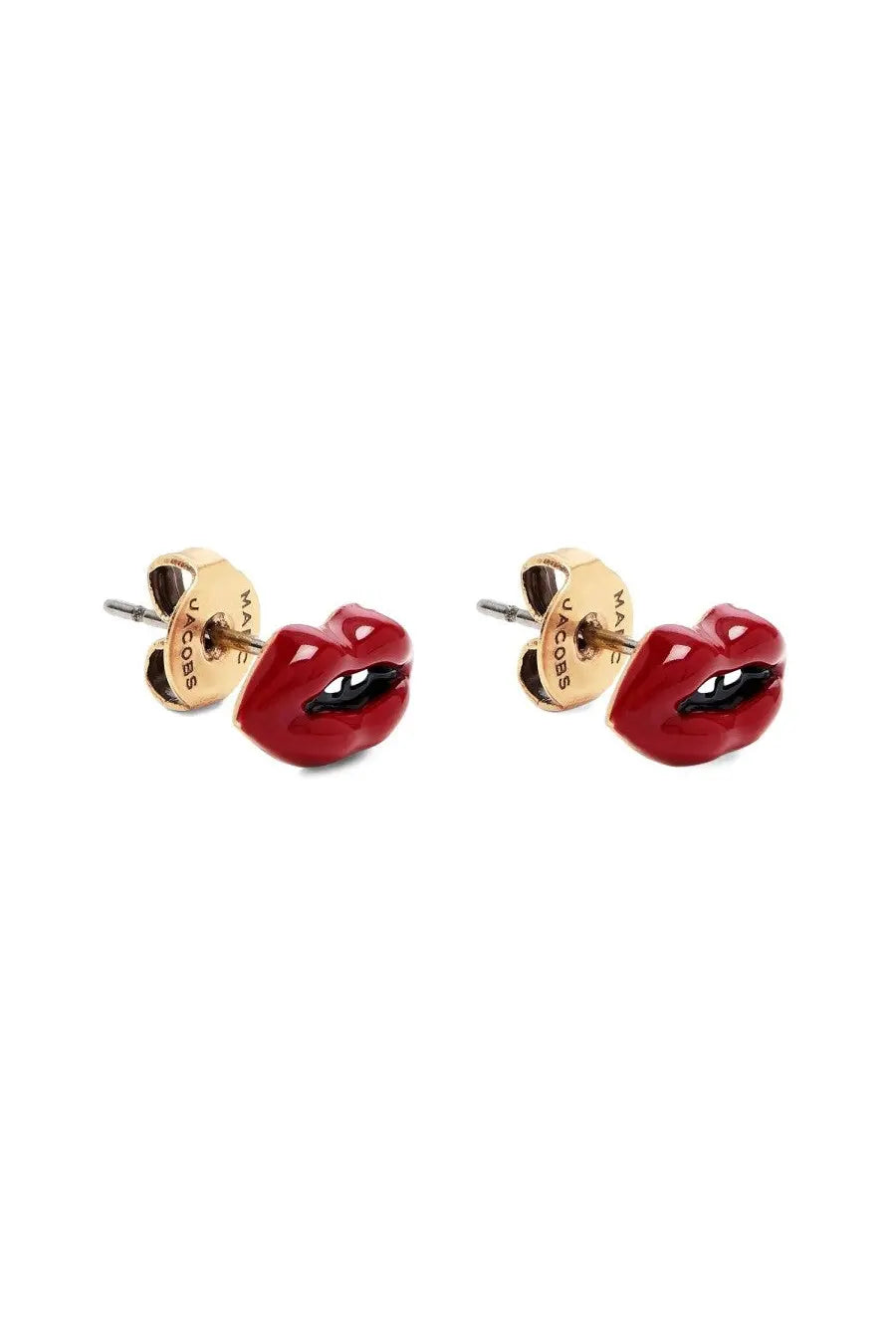 Marc Jacobs women’s red enamel lips stud earrings with gold tone backings in close up view