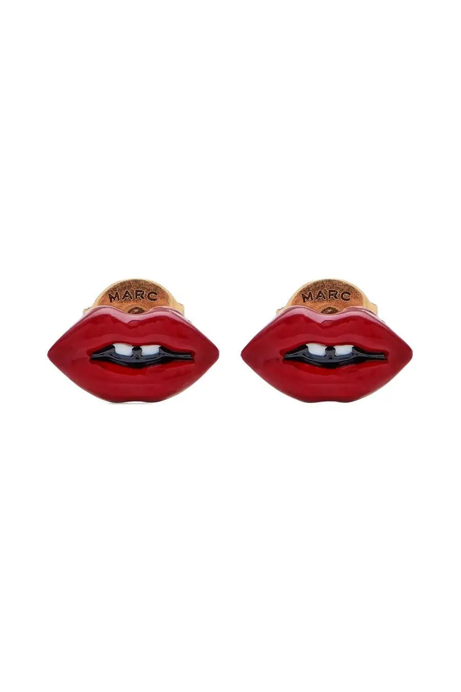 Marc Jacobs women’s gold lips stud earrings with red enamel glossy finish and black painted teeth details