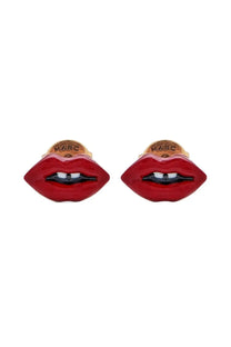 Marc Jacobs women’s gold lips stud earrings with red enamel glossy finish and black painted teeth details