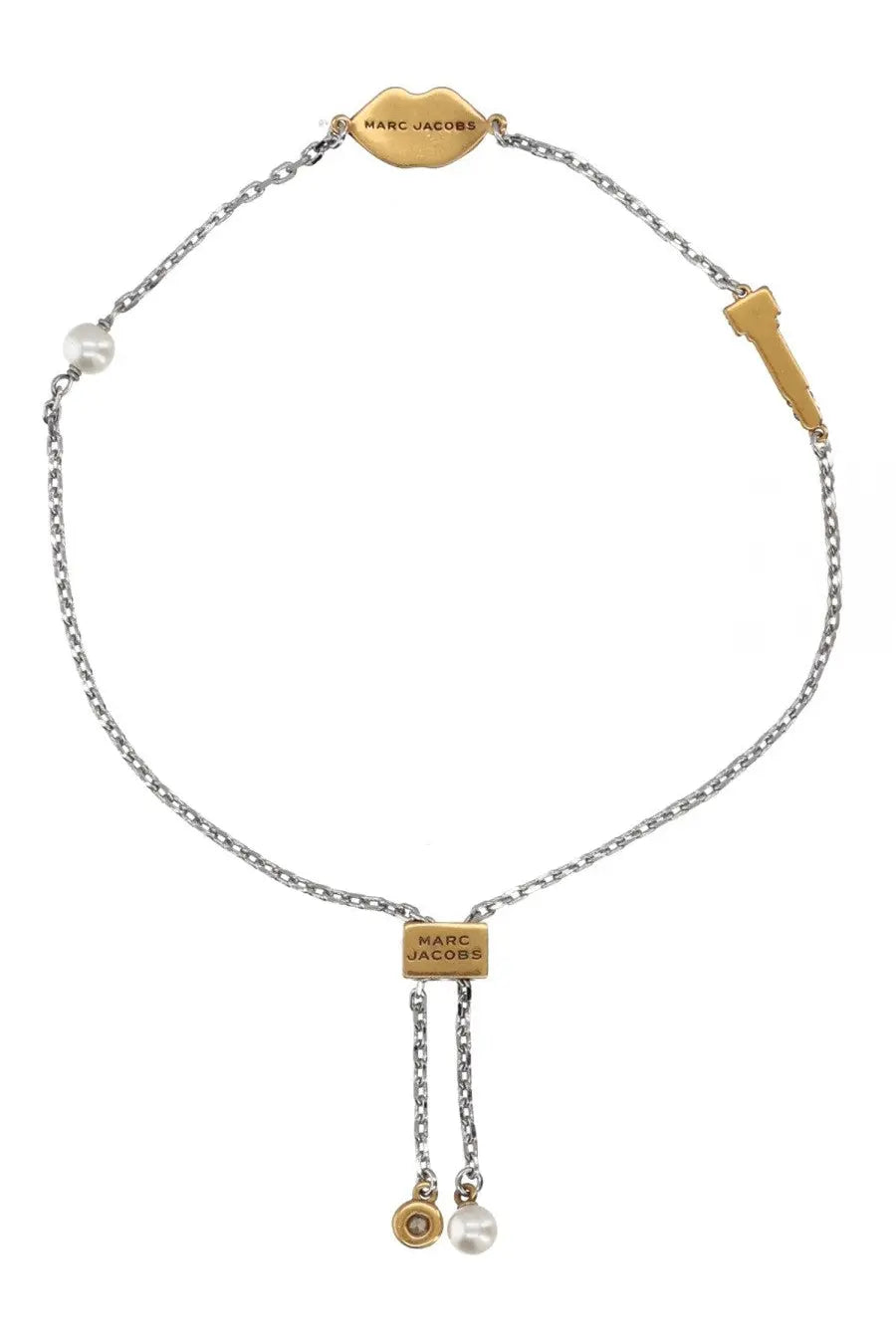 Gold-tone marc jacobs bracelet with chain, pearl and key charms, and a rectangular tag for women