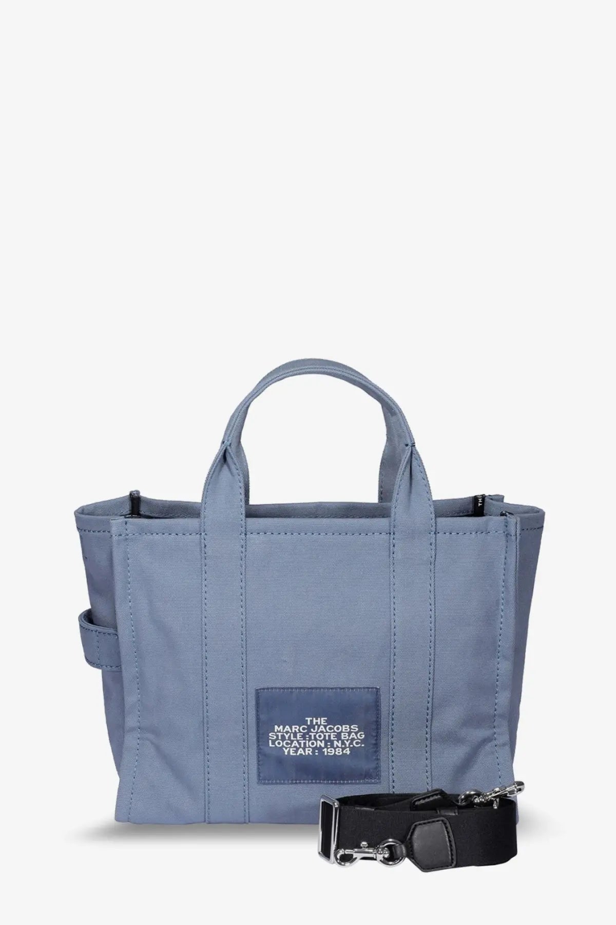 Marc Jacobs womens medium tote denim crossbody bag in muted blue canvas with black hardware and strap