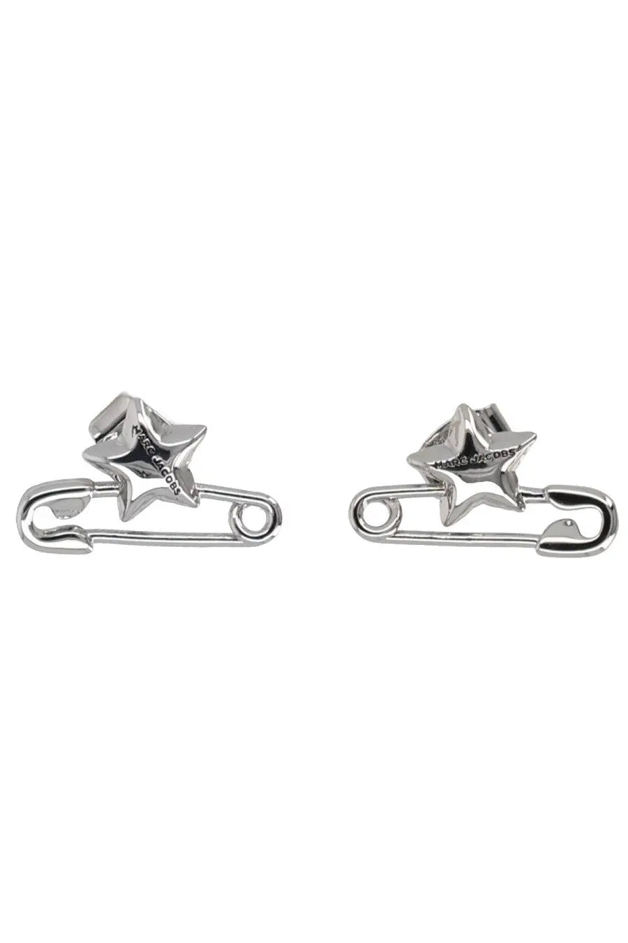 Silver star-shaped safety pin earrings by marc jacobs with a polished metallic finish