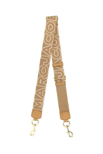 Marc Jacobs women’s the outline shoulder strap in beige with repeating logo print and tan leather accents