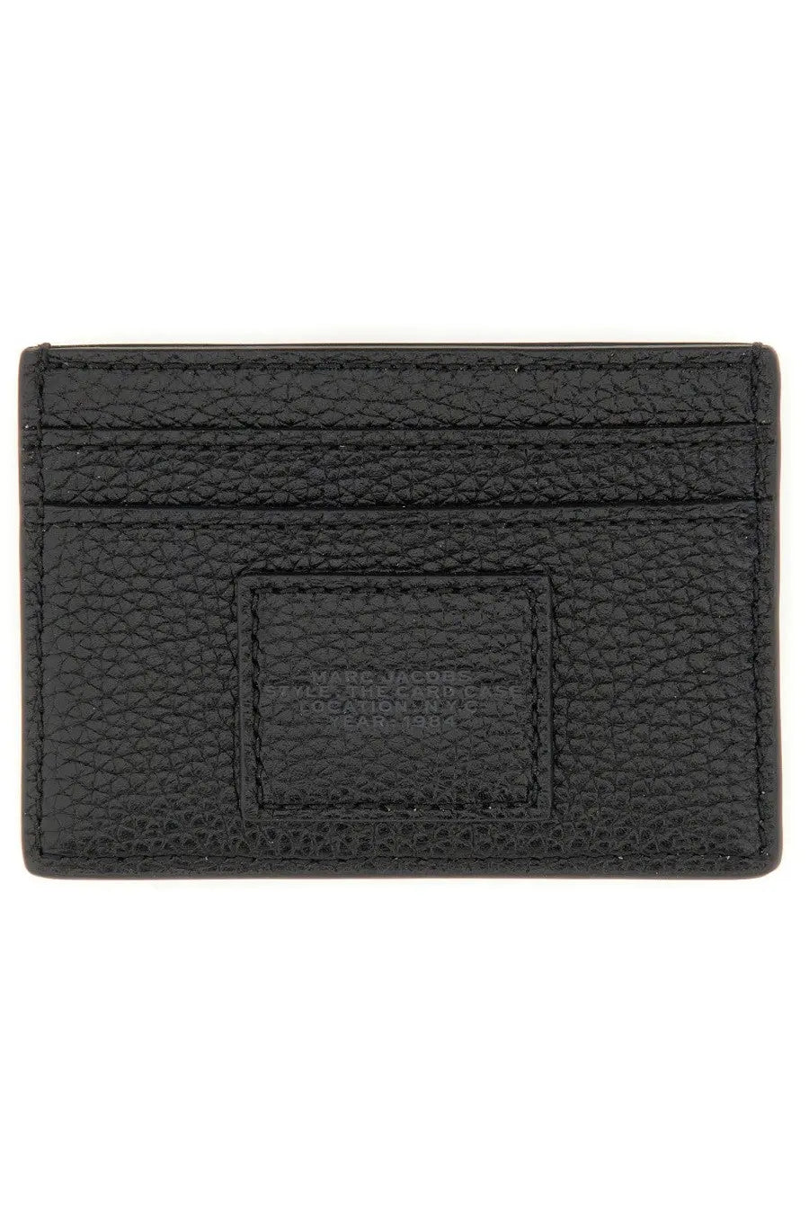 Black textured leather card holder with embossed Marc Jacobs logo on rectangular patch for women