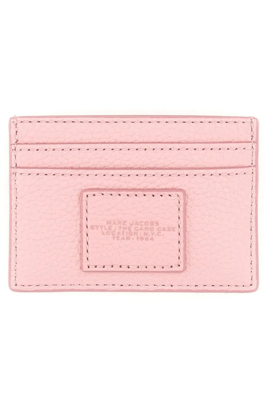 Pink leather card case for women by Marc Jacobs with embossed branding and stitched edges in portacarte con blue style