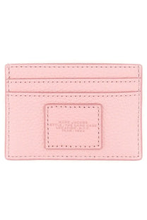 Pink leather card case for women by Marc Jacobs with embossed branding and stitched edges in portacarte con blue style