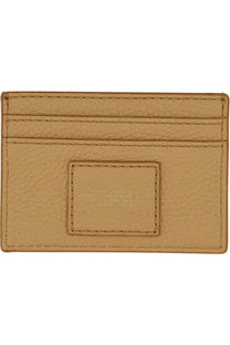 Tan leather marc jacobs women’s portacarte con brown card case with stitched edges and embossed rectangular label