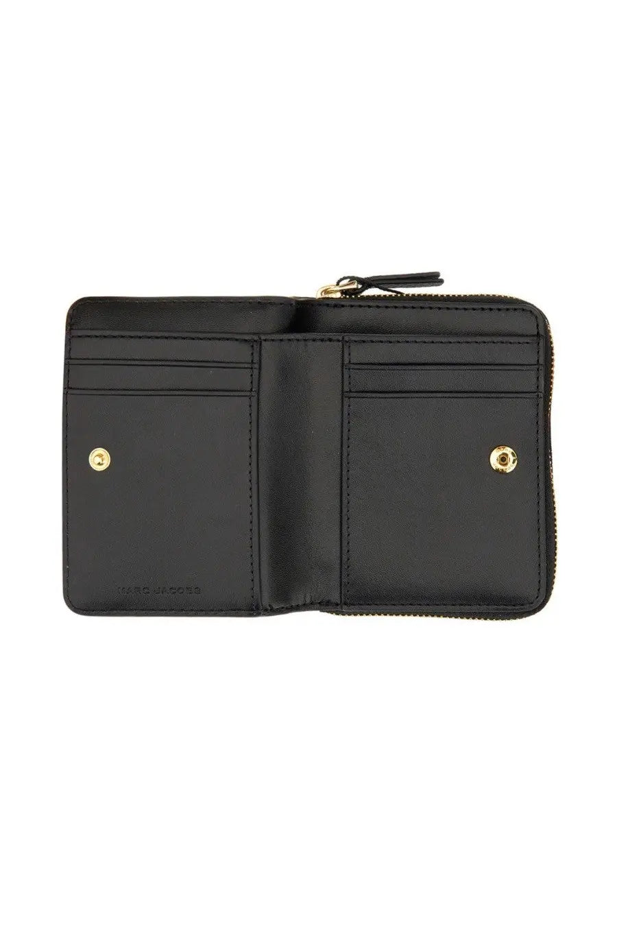 Marc Jacobs women’s portafoglio compact mini black leather wallet with gold-tone hardware and zipper closure