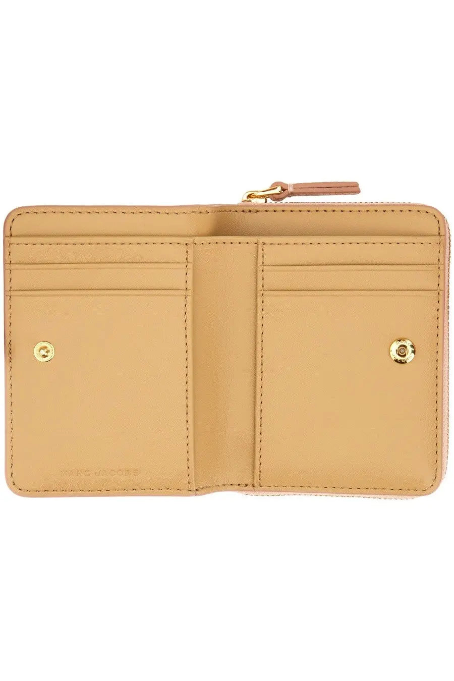 Beige leather marc jacobs wallet with gold-tone hardware and zipper closure from the portafoglio compact mini blue collection