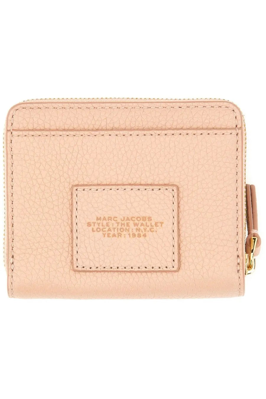 Marc Jacobs women’s portafoglio compact mini blue blush pink pebbled leather wallet with gold zipper and embossed branding
