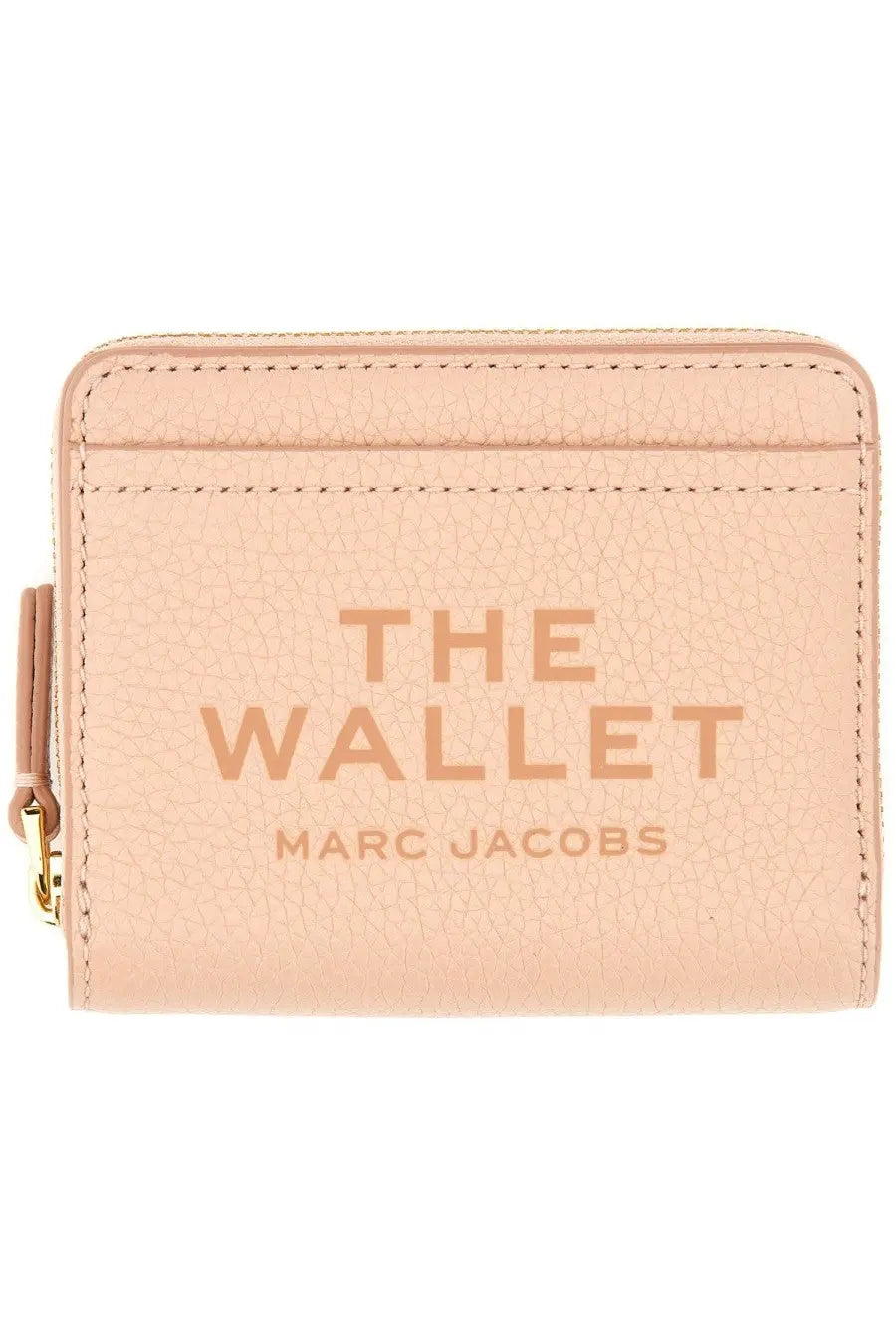 A blush pink textured leather wallet with the wallet and marc jacobs embossed from marc jacobs women’s portafoglio collection