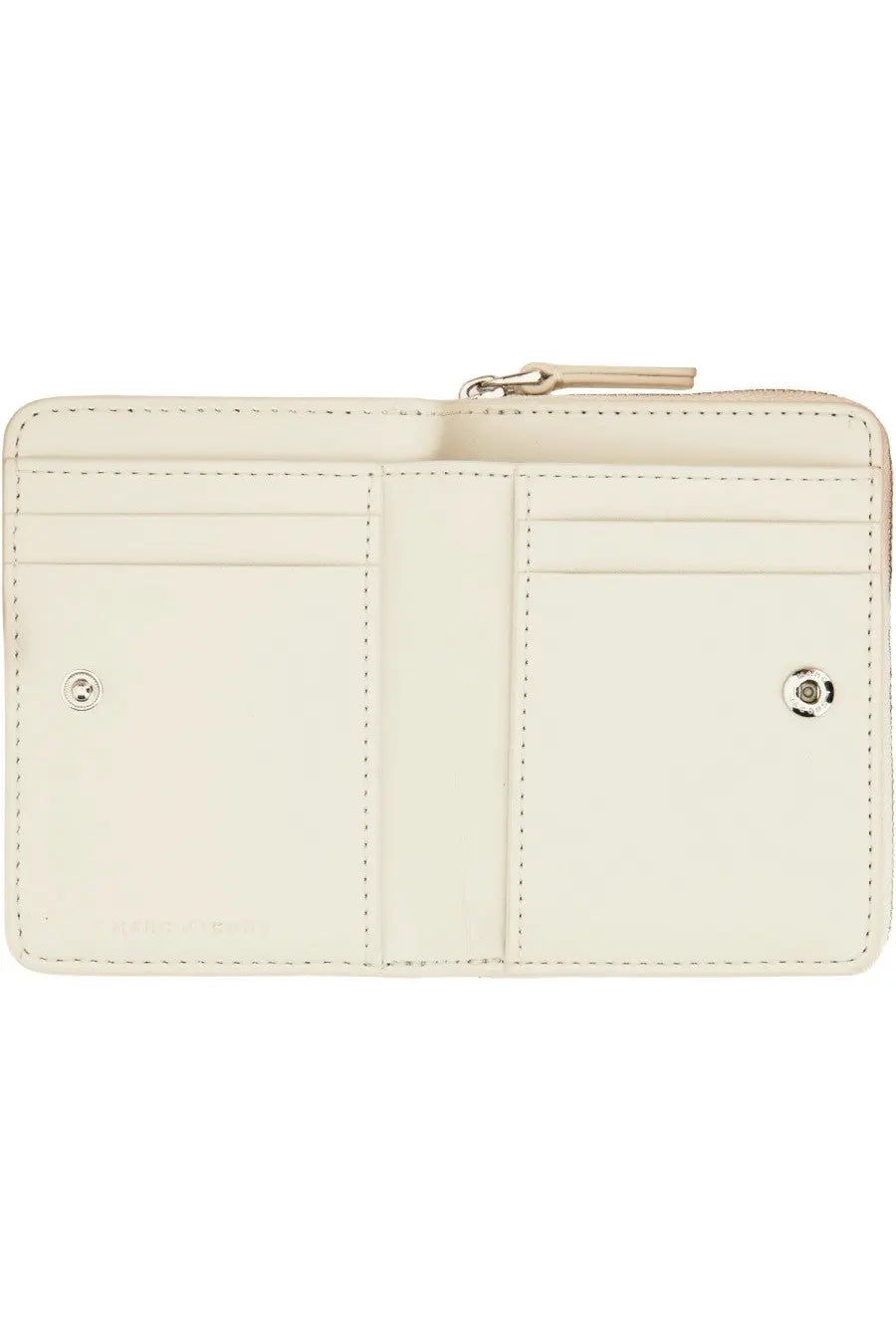 Marc Jacobs women’s portafoglio compact mini white cream leather wallet with silver zipper and snap buttons