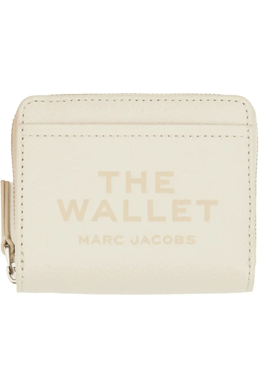 Cream-colored leather Marc Jacobs women’s compact mini wallet with embossed branding and zipper closure