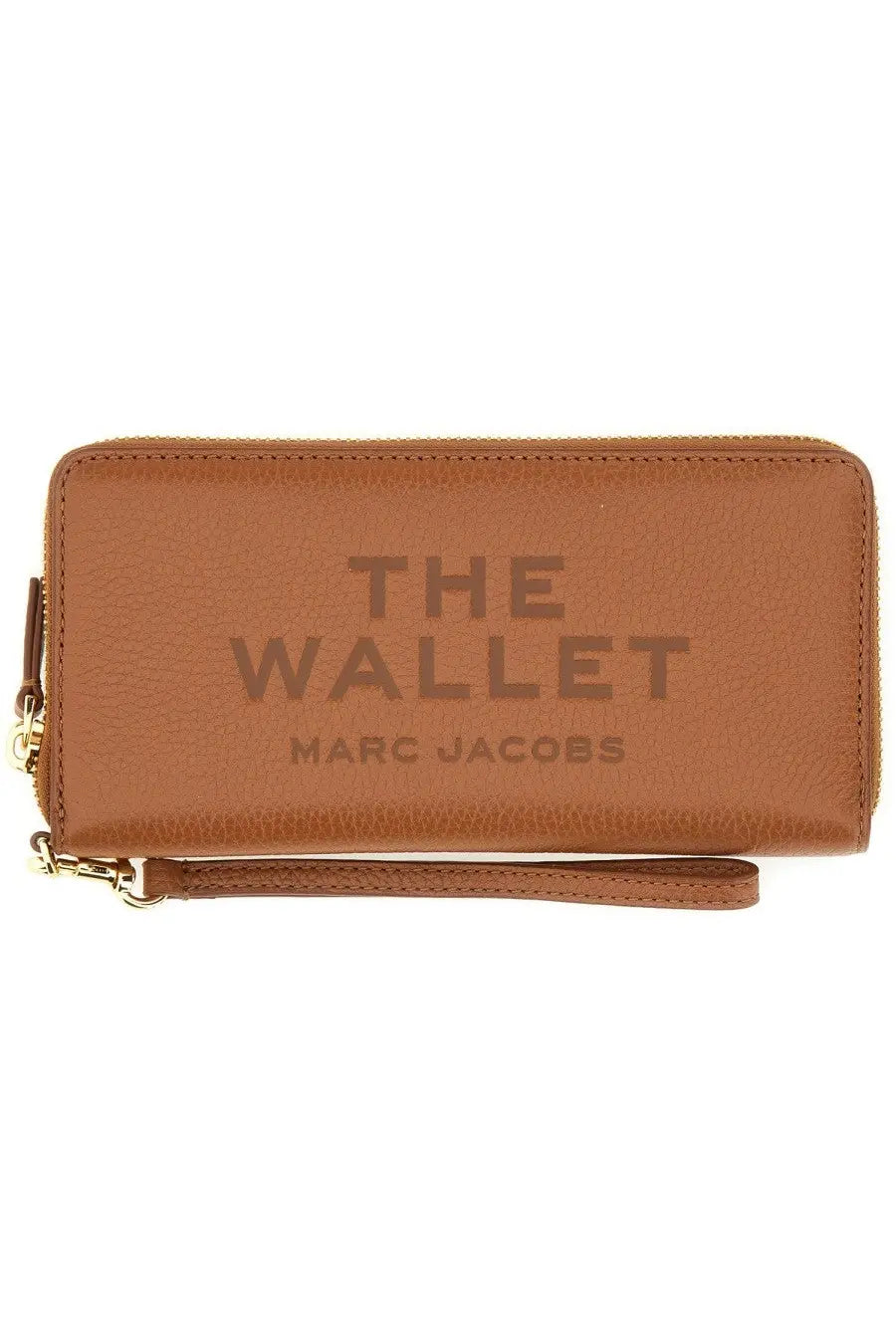Tan leather marc jacobs women’s portafoglio continental beige wallet with embossed text and gold-tone zipper closure