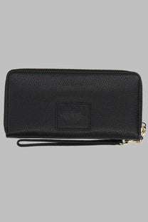 Marc Jacobs women’s portafoglio continental black zip-around wallet in pebbled leather with wrist strap and gold-tone hardware