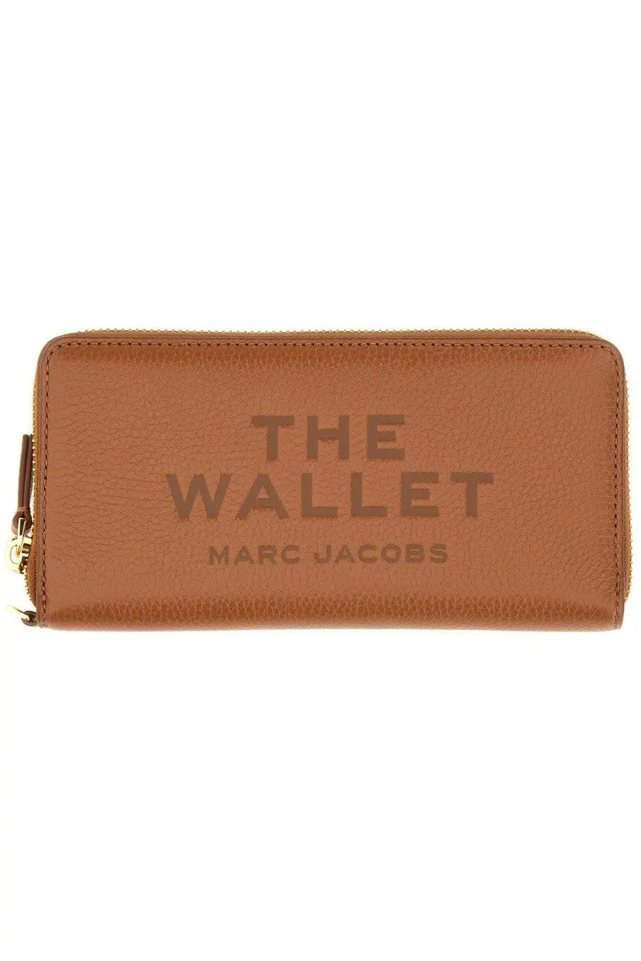 Tan leather marc jacobs wallet with embossed the wallet and brand name in a minimalist design for women