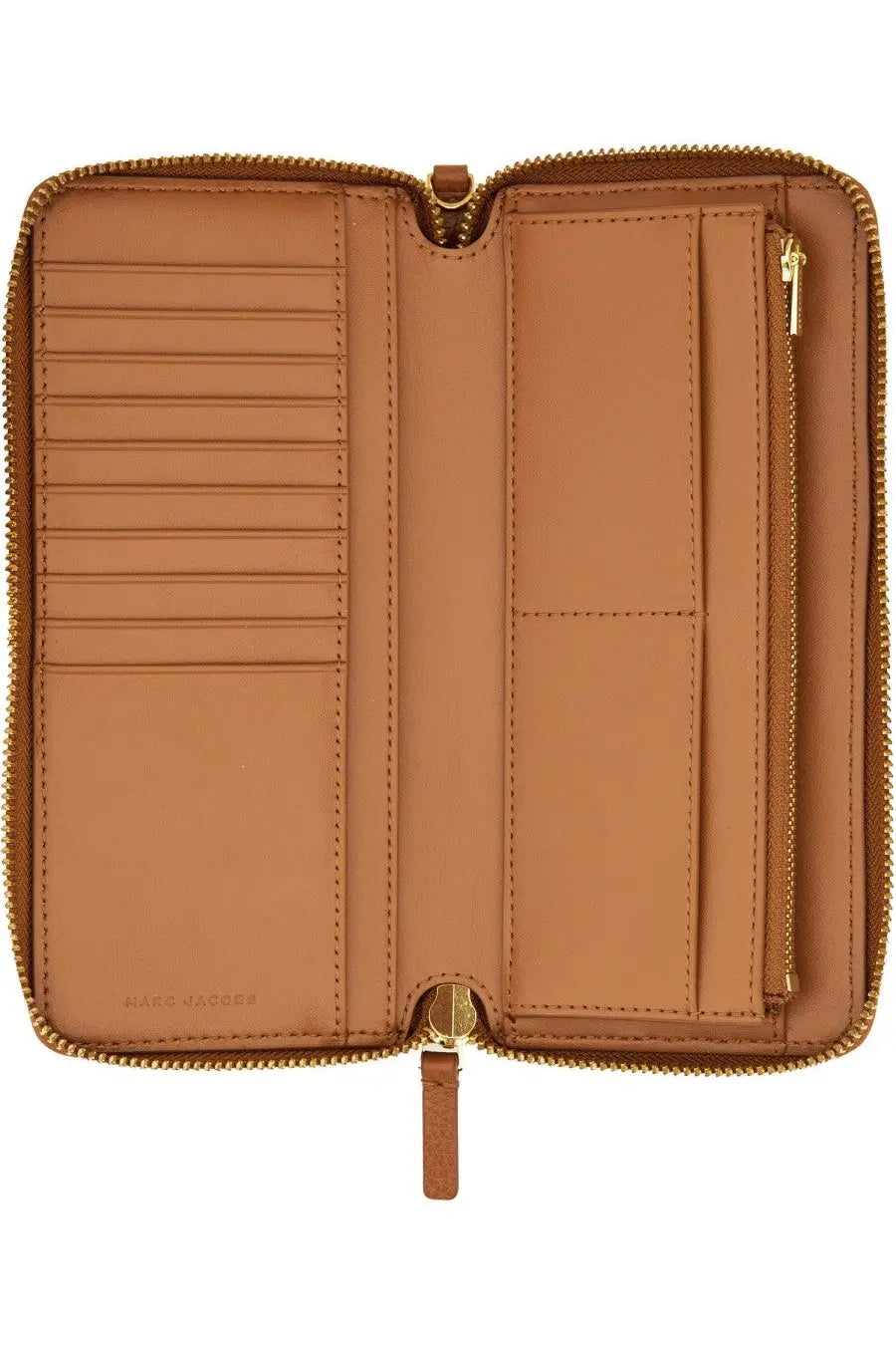 Tan leather marc jacobs zip around wallet with gold tone hardware and multiple card slots for women