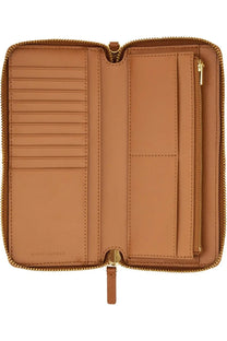 Tan leather marc jacobs zip around wallet with gold tone hardware and multiple card slots for women