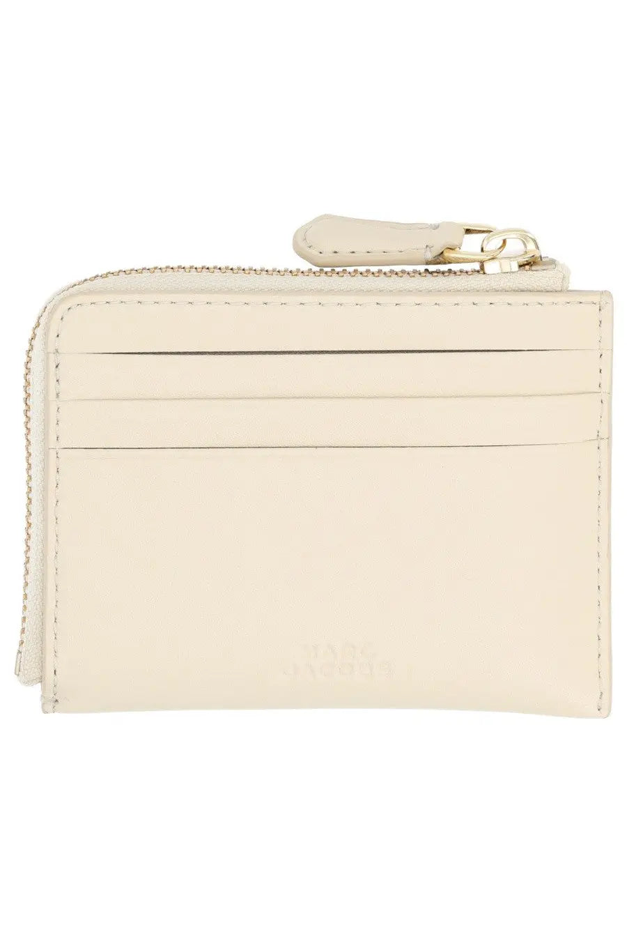 Cream-colored leather card holder with gold-tone zipper and pull tab from marc jacobs women’s portafoglio the everyday white collection