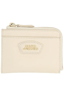 Cream-colored leather marc jacobs zip-around card case with gold-tone hardware and stitched detailing from portafoglio the everyday white collection