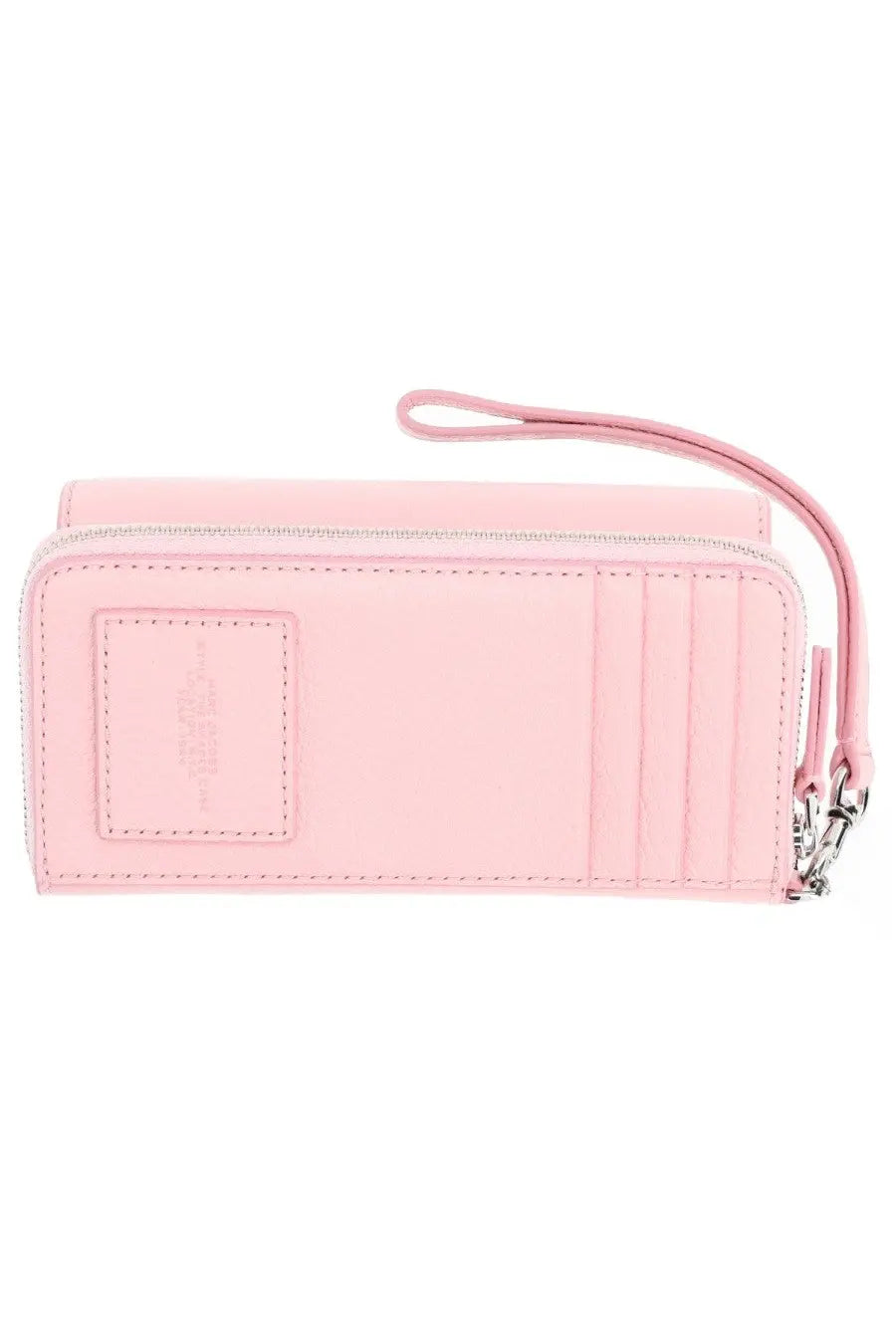 A soft pink leather wrist strap wallet with silver hardware for women by Marc Jacobs titled portafoglio shades case blue