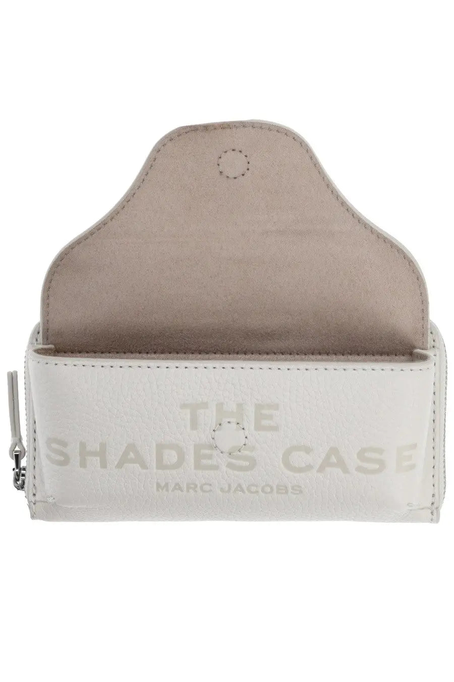 Marc Jacobs women’s portafoglio shades case white leather with embossed branding and silver zipper closure