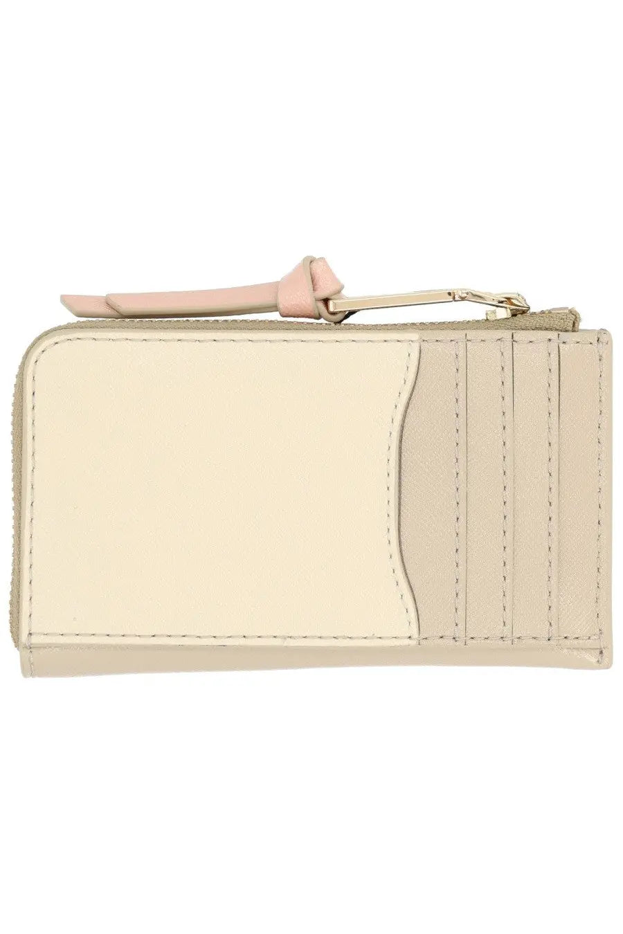 Marc jacobs women’s portafoglio utility snapshot beige leather cardholder with gold-tone zipper and pink fabric pull tab
