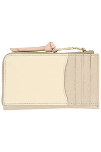 Marc jacobs women’s portafoglio utility snapshot beige leather cardholder with gold-tone zipper and pink fabric pull tab