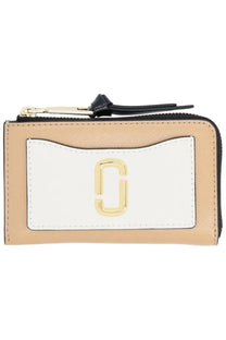 Beige and white leather zippered wallet with gold-tone logo clasp by Marc Jacobs for women’s utility use