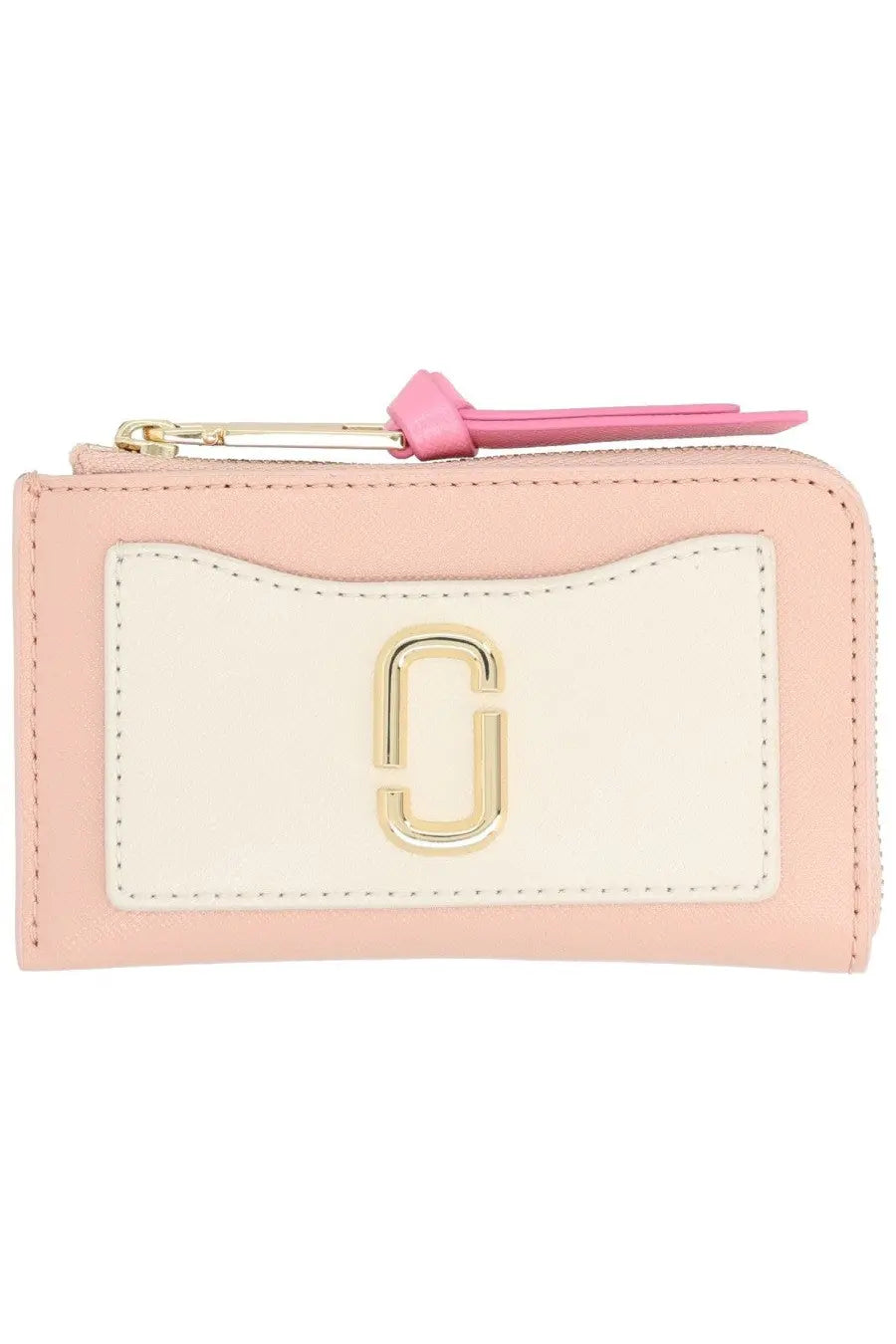Marc Jacobs women’s portafoglio utility snapshot wallet in pink and cream leather with gold logo clasp and pink zipper pull