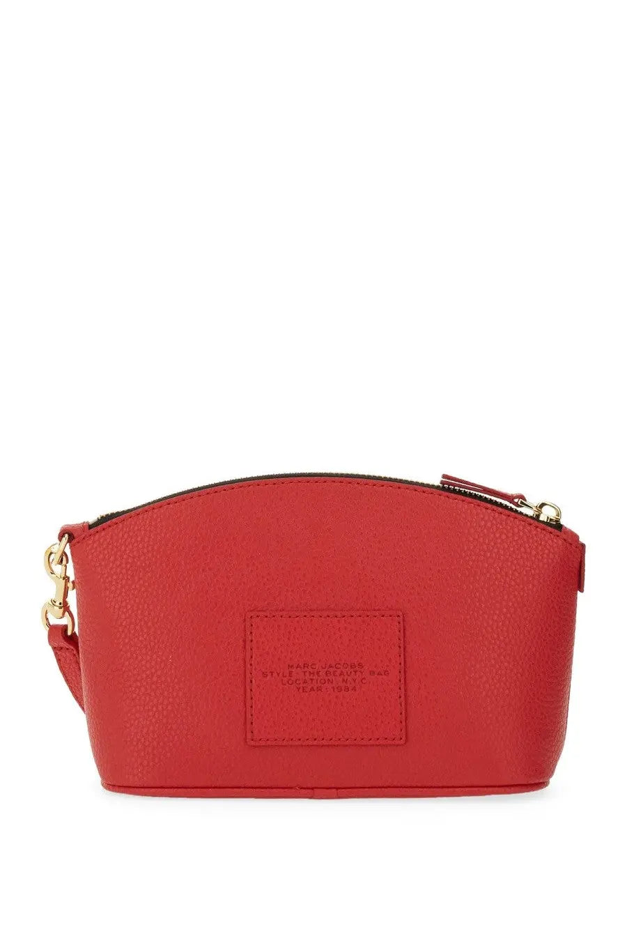 Marc Jacobs women’s red leather crossbody pouch with gold-tone hardware and rectangular brand patch