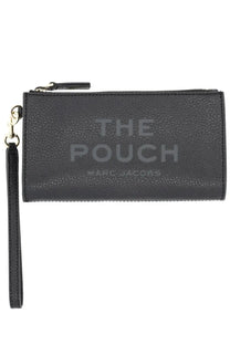 Marc Jacobs women’s black leather wristlet pouch with textured leather and embossed the pouch and Marc Jacobs logos