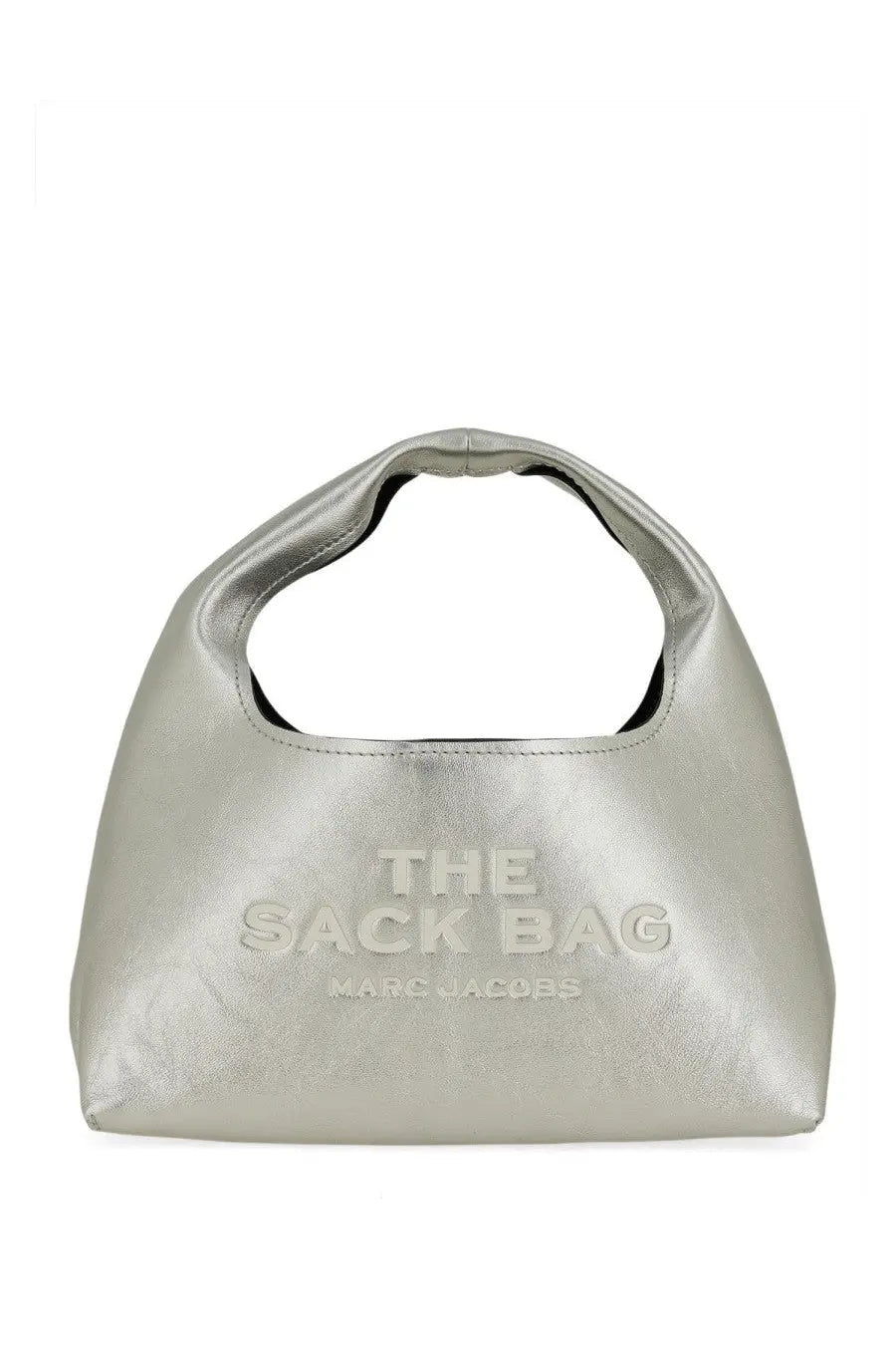 Silver metallic leather marc jacobs the sack mini bag with embossed branding for women