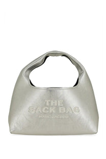 Silver metallic leather marc jacobs women’s the sack mini bag with embossed branding front view