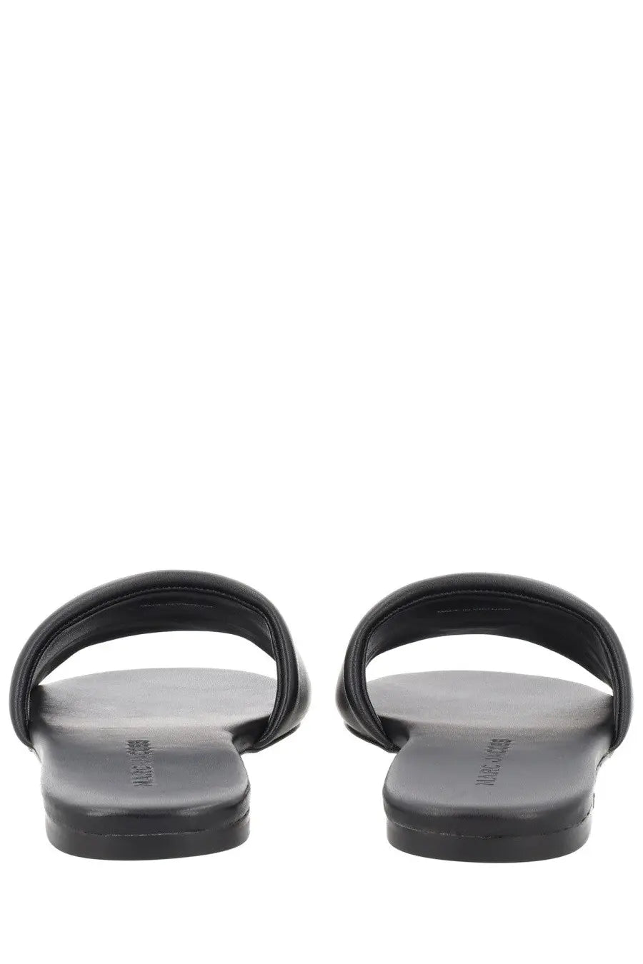 Marc Jacobs women’s black leather slide sandals with sleek minimalist design and embossed brand name on the insole