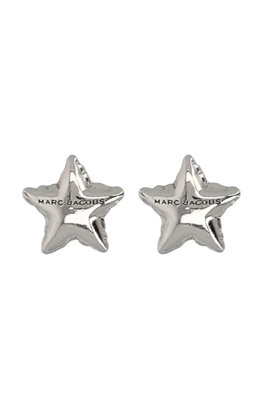 Marc Jacobs women’s silver star-shaped stud earrings with polished metallic finish and branded engraving