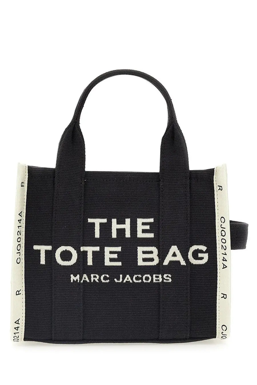 Marc Jacobs women’s the tote bag small black canvas tote bag with white embroidered text and cream side stripes