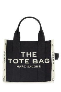 Marc Jacobs women’s the tote bag small black canvas tote bag with white embroidered text and cream side stripes