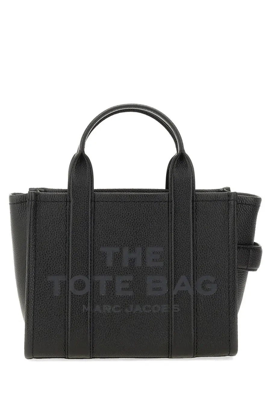 Black leather tote bag with embossed the tote bag marc jacobs branding for women small size