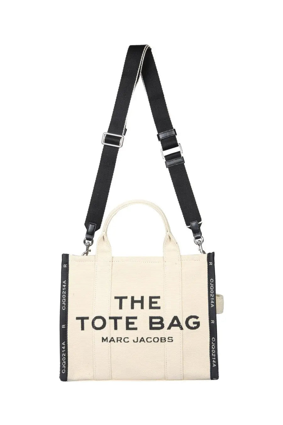 Marc Jacobs women’s the tote medium bag beige cream canvas tote bag with black handles and bold black text on front