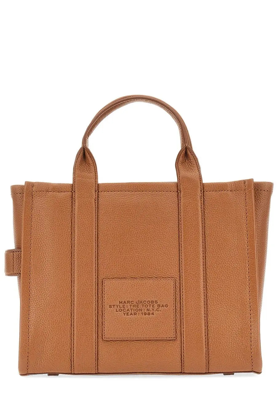 Tan leather marc jacobs the tote medium bag with top handles and front patch label in beige