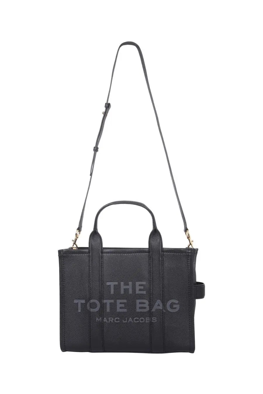 Black textured leather tote bag marc jacobs the tote bag embossed gold hardware dual top handles medium size