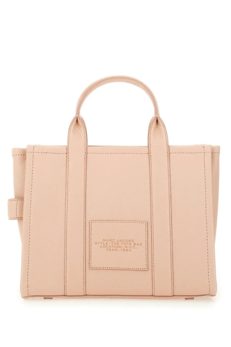 Beige leather marc jacobs tote bag with top handles and a front patch label for women in medium size