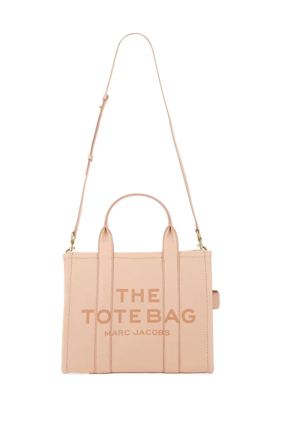 Beige leather marc jacobs the tote bag with gold-tone hardware and embossed branding shown from the front