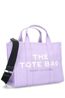 Marc Jacobs women’s the tote medium lavender canvas tote bag with white lettering and black adjustable strap