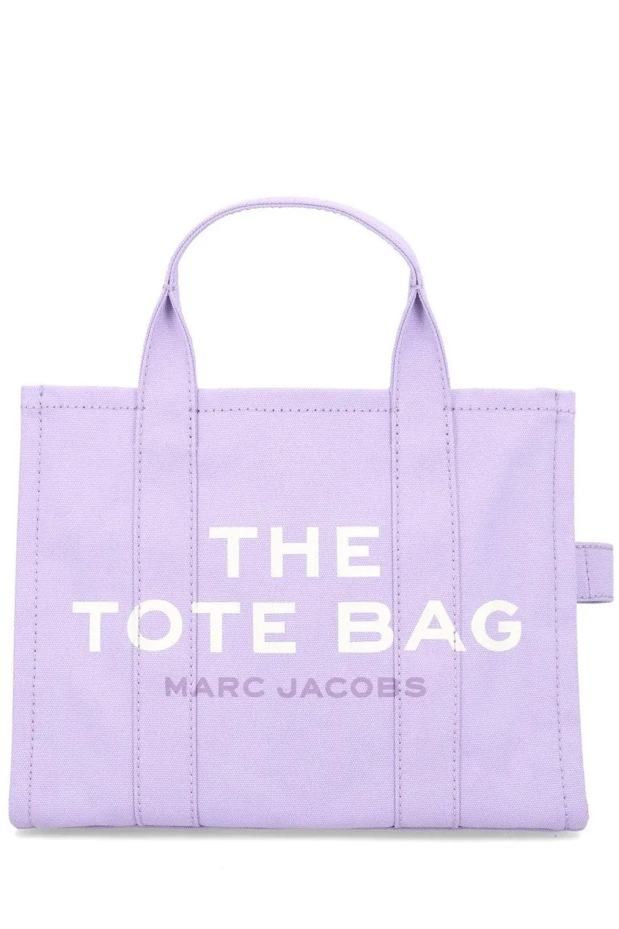 Lavender canvas marc jacobs women’s the tote medium bag with white lettering and durable shoulder straps