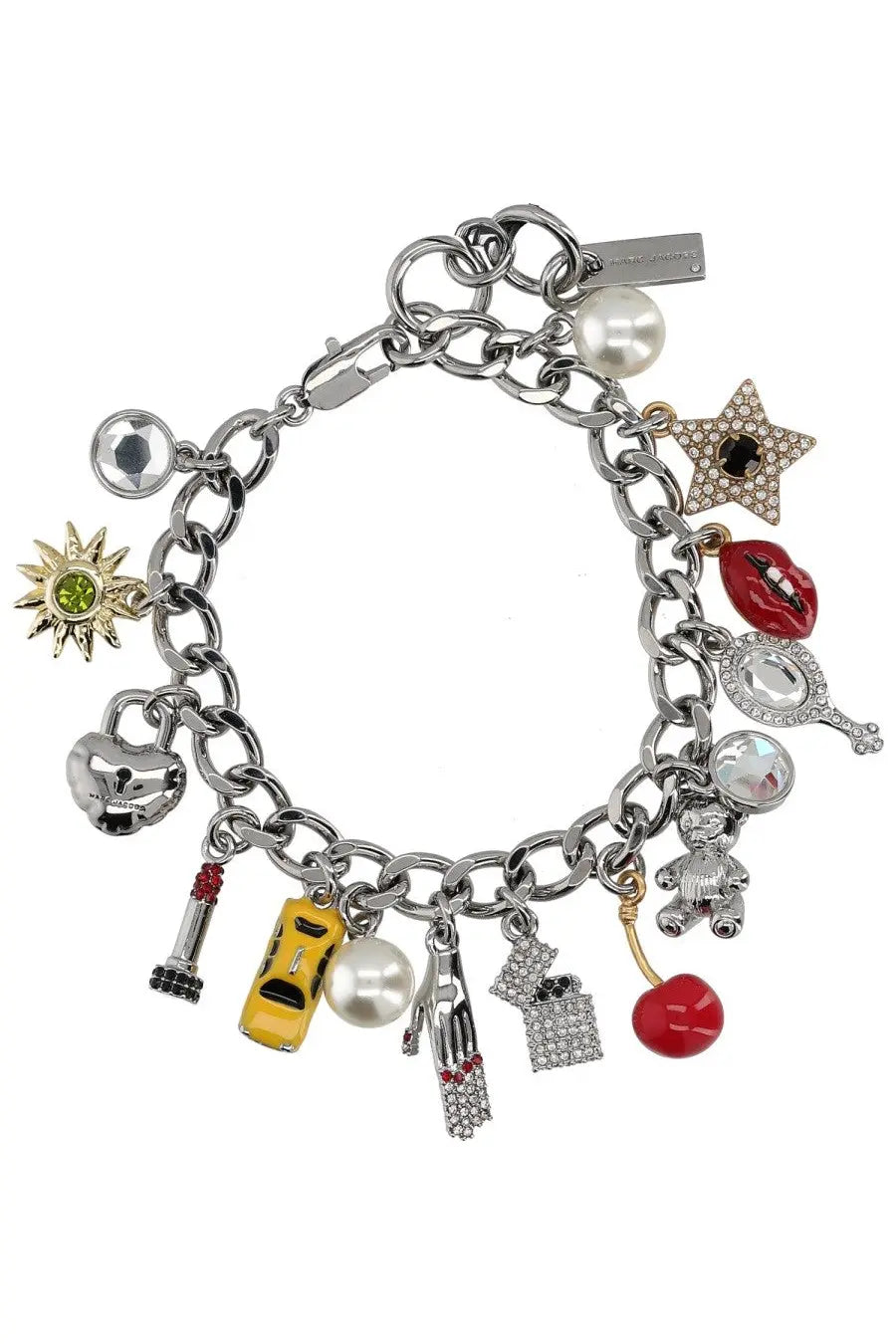 Marc Jacobs women’s silver chain bracelet with colorful sparkling star lips cherry and yellow taxi charms