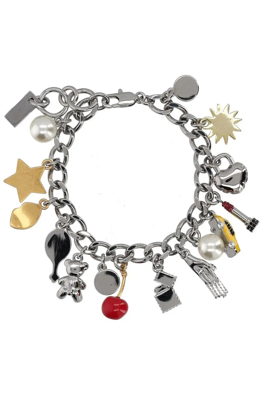 Silver-toned marc jacobs women’s trinket charm bracelet with dangling stars pearls cherries car and lipstick charms