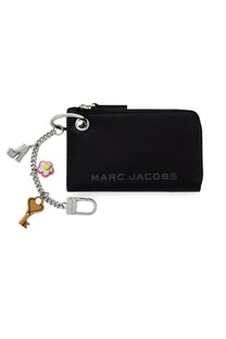 Marc Jacobs women’s black zippered keychain wallet with silver zipper and charm chain featuring shoe flower key and carabiner